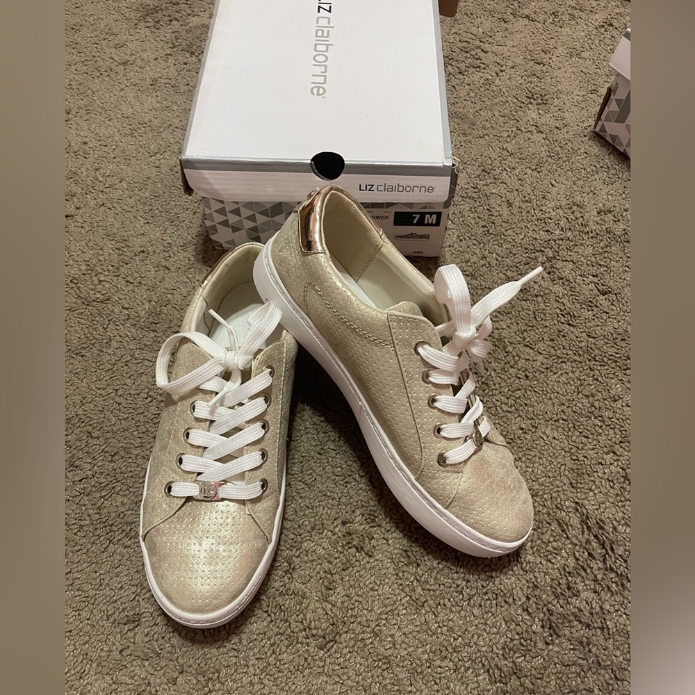 Liz Claiborne size 7 Gold sneakers. Brand new with box no tags